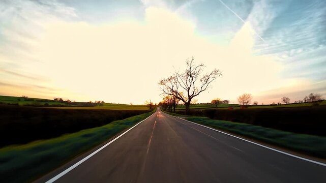 Driving along straight countryside road at sunset through open fields, rural travel journey first person view. Long asphalt lane leading into horizon under warm golden sky, evening road trip driving