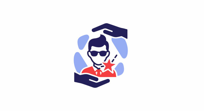 Icon of person in sunglasses with star burst, protected by hands and surrounding shapes