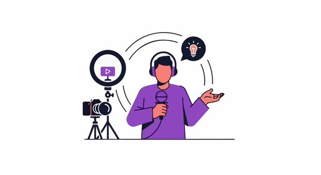 A podcaster, with microphone and headphones, records a broadcast with camera and ring light setup