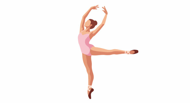 A graceful ballet dancer in a pink leotard and pointe shoes performs a dynamic pose