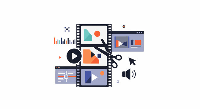 Digital media editing with film strip, play buttons, scissors, and cursor