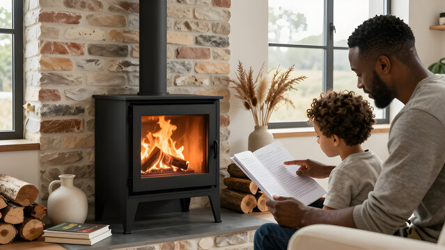A devoted father guides his young son through a reading comprehension workbook in a cozy home study environment.