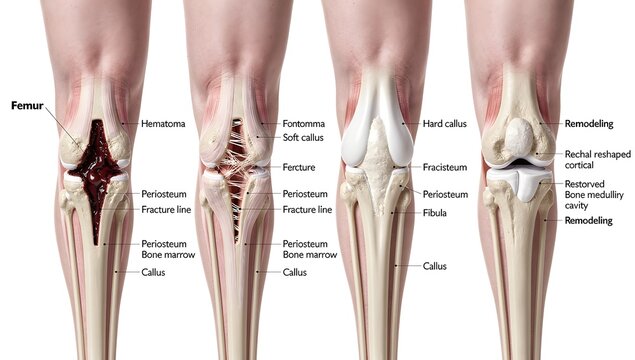 Ultra-realistic medical diagram of leg fracture in different stages showing hematoma, callus formation, and remodeling