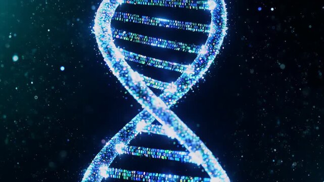 glowing DNA double helix made of digital code and light particles