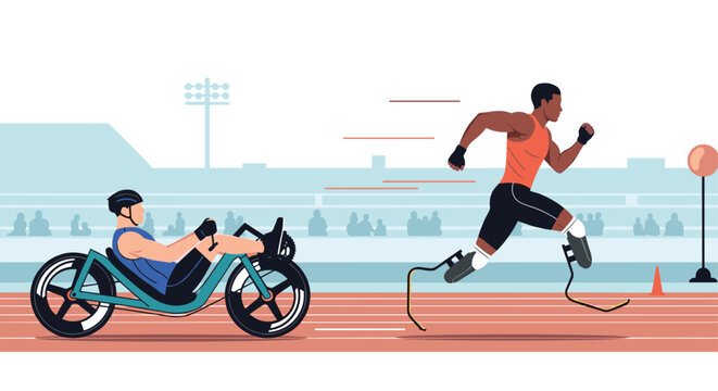 Professional athletes with prosthetic limbs competing in track and field race including a recumbent cyclist and a sprinter on running track.