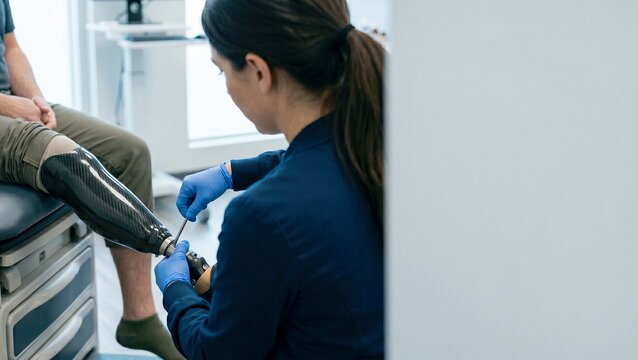 Prosthetic leg fitting and adjustment by medical professional in modern clinic, showcasing advanced limb rehabilitation.