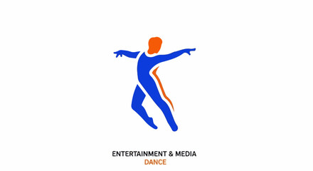 Obraz premium Dynamic silhouette of a dancer in mid-motion, featuring bold blue and orange colors on a white background