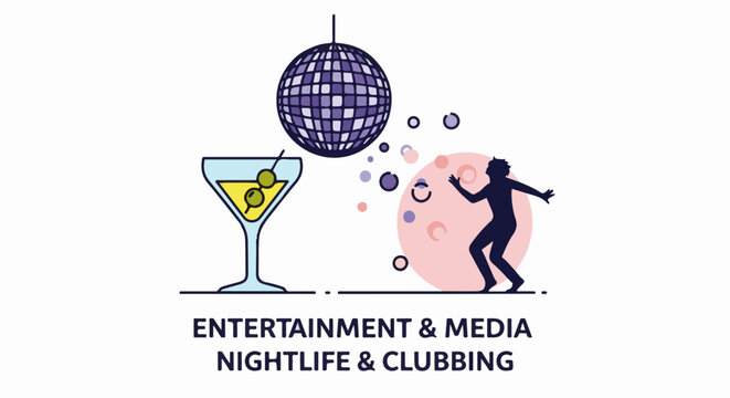 Disco ball, martini, and dancing silhouette represent nightlife fun