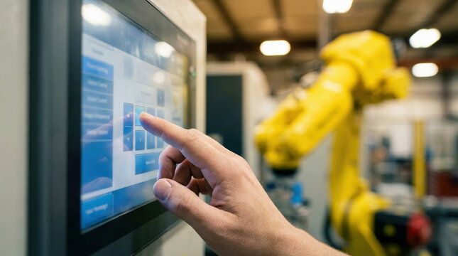Industrial automation engineer operating touchscreen control panel in manufacturing factory for modern robotic systems.