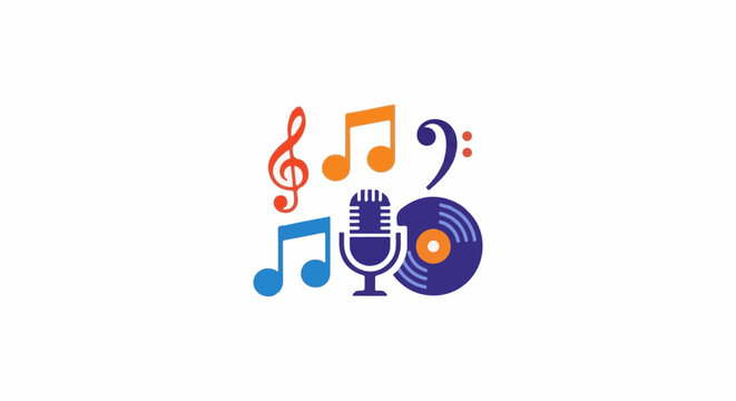 A collection of colorful musical notes, a vintage microphone and a vinyl record