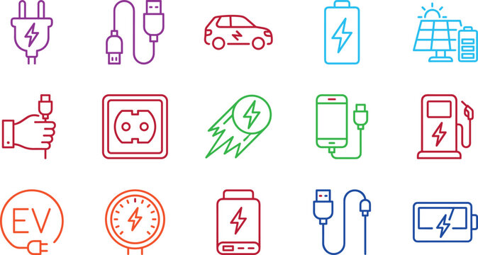 Electric Vehicle Charging and Renewable Energy Line Icon Set with EV Cars, Batteries, Solar Panels, Power Plugs, and Fuel Station Symbols for Green Tech Apps