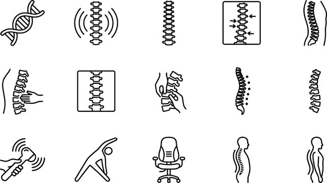Spine Health and Chiropractic Care Black Line Icon Set with Backbone, Posture Correction, X-ray, Orthopedic Massage, and Physiotherapy Symbols for Medical Websites and Apps