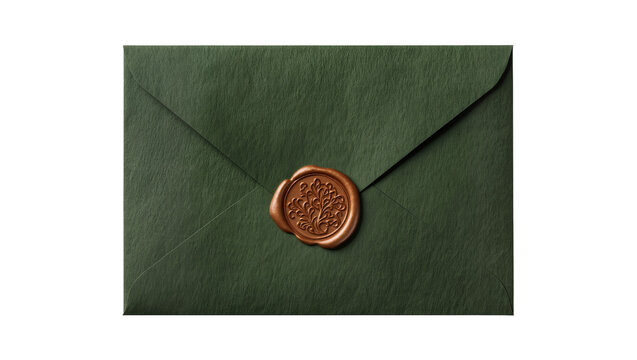 Dark green textured envelope sealed with ornate bronze wax seal