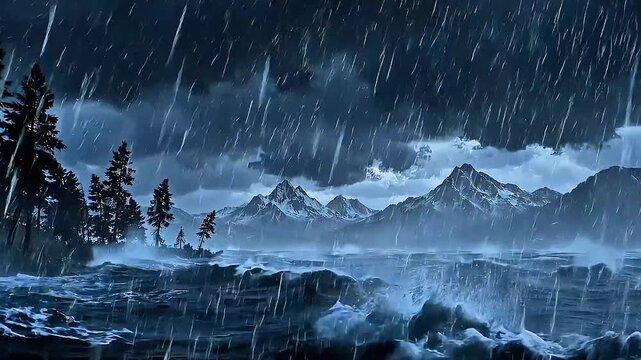 Dramatic Stormy Landscape with Lightning Over Mountains and Ocean