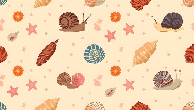 Cute snail and seashell seamless pattern vector style.