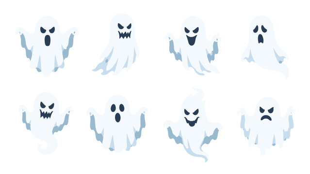 Set of cartoon ghost characters with different spooky expressions