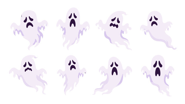 Set of cute ghost characters with different sad expressions