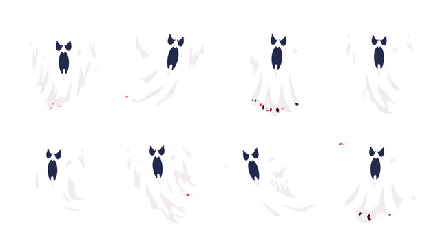 Set of spooky cartoon ghost characters on white background