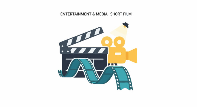 A cinematic scene with a clapperboard, vintage camera, and film reel