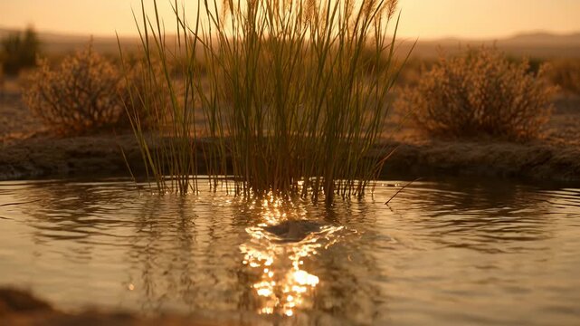 Splash of water with vibrant green grass reflection in a golden light arid landscape at sunrise or sunset, showcasing ripples and dynamic nature in a dry environment video footage