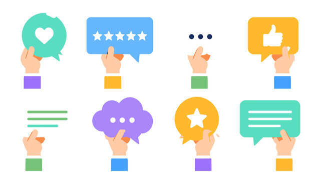 Set of hands holding colorful feedback speech bubble icons