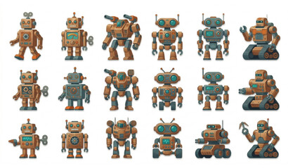 Fototapeta premium Retro Futuristic Mecha and Classic Tin Toy Robots Vector Icons