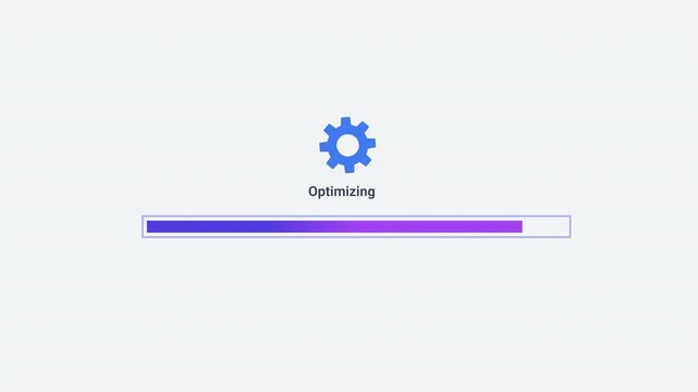 Animated optimizing progress bar with gear icon and smooth fill movement on a clean background. Ideal for performance enhancement, resource management, system tuning, and technology interfaces.
