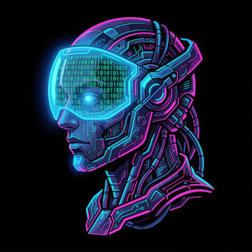 Futuristic cyborg robot head with glowing digital visor and binary code