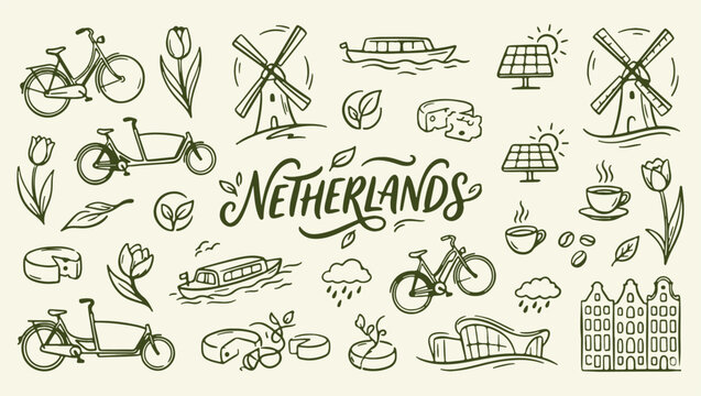 netherlands travel culture nature pattern, iconic dutch historic windmill background, traditional netherlands landscape life illustration, european culture travel souvenir print, historic dutch landsc