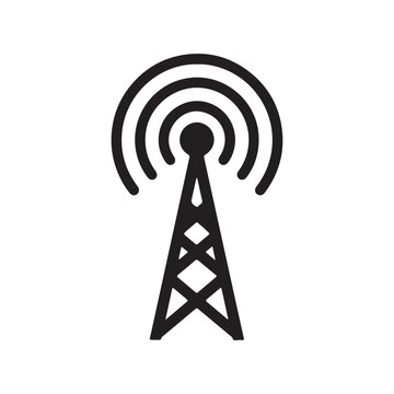 Abstract black and white radio tower emitting strong signal waves on white background