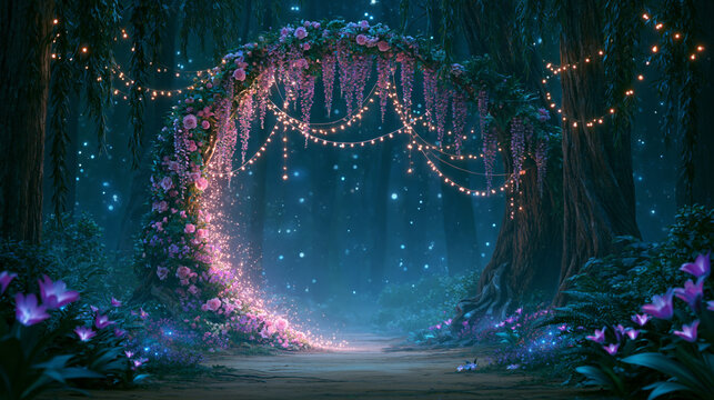 Ethereal night garden path sparkles, guided by a glowing floral archway under moonlight.
