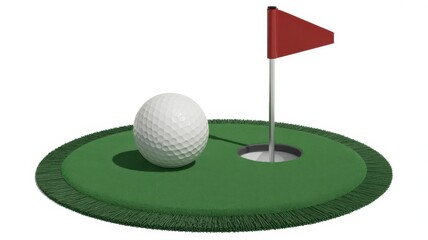 Obraz premium Golf ball on putting green with hole and flag, isolated on white background