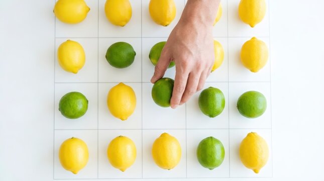 Man hand picking fresh green lime from grid of yellow lemons and green limes. Choice and difference concept. Unique fruit selection in supermarket for healthy food and cooking.