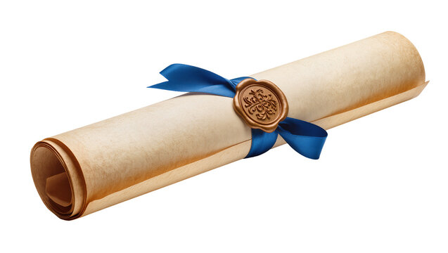 Rolled parchment scroll tied with blue ribbon and wax seal