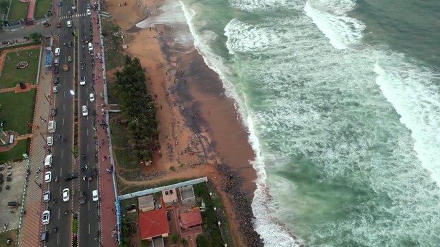 Aerial View of RK Beach Coastline and Bay of Bengal Waves in Visakhapatnam India