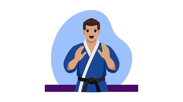 Animated flat character of a male martial artist or karate practitioner in a blue gi performing a
stance.