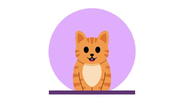 2D animation of an orange tabby cat head with whiskers and cute eyes in a circle frame for pet
lovers.