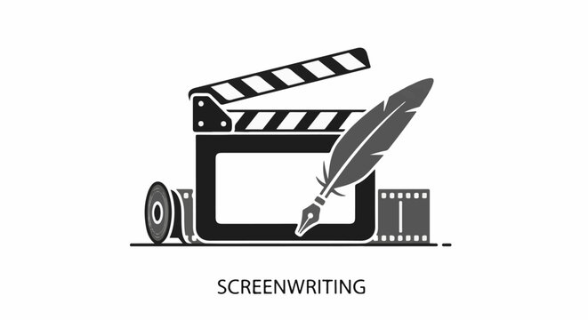 A clapperboard, quill pen, and film reels symbolize the art of writing scripts for movies