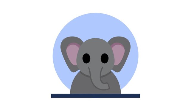 Cute grey elephant head animation with large ears and a trunk in a circular frame for educational children videos.