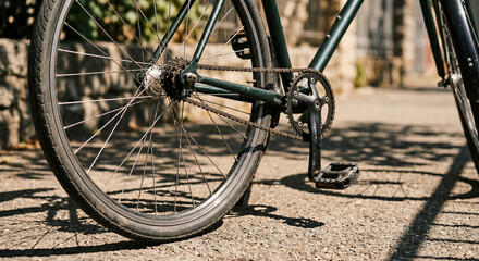 Obraz premium Bicycle wheel and pedal on a cobblestone street as bicycle wheel detail for summer cycling and quiet outdoor recreation in summer light