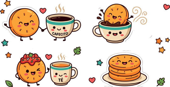Cute Cartoon Coffee Cup and Cookie Mascot Character Sticker Set with Best Friends holding Hands, Dipping, and Stack of Smiles Poses