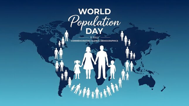 World population awareness day global demographics family illustration with world map