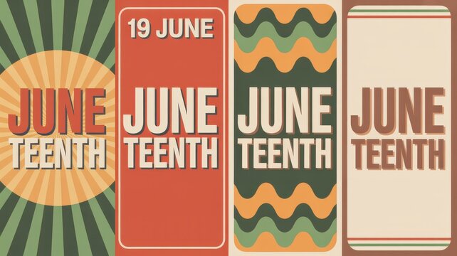 Set of retro vertical banners for Juneteenth celebration on June 19th with vintage colors and patterns