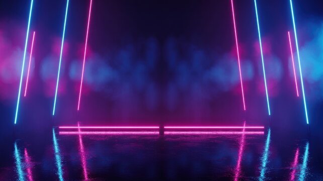 Abstract dark stage with glowing pink and blue neon light lines reflecting on a wet floor