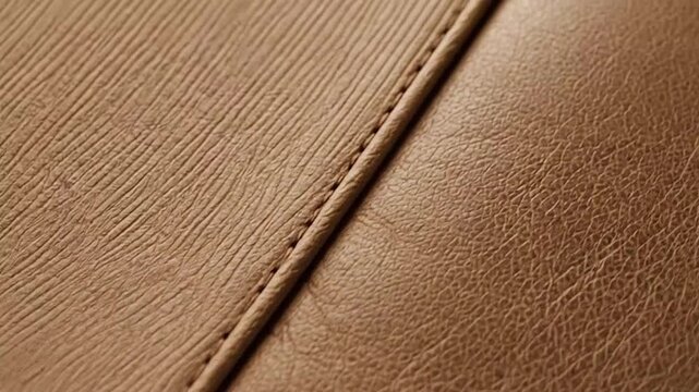 Close-up macro texture of premium tan leather with stitching detail.