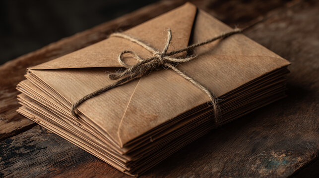 stack of vintage style envelopes tied with string on a wooden table