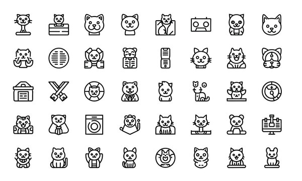 Large set of various cat face and pet character outline icons with character domestic whiskers collection illustration standing headshot expression