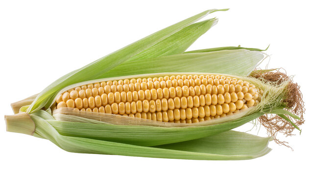 Fresh yellow corn cob with green husks and silky threads