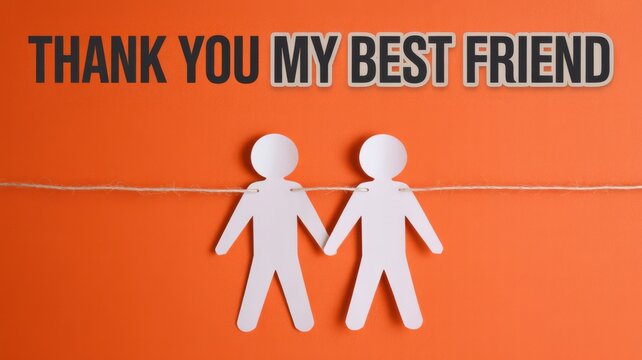 Thank you my best friend text with paper cutout figures on orange background