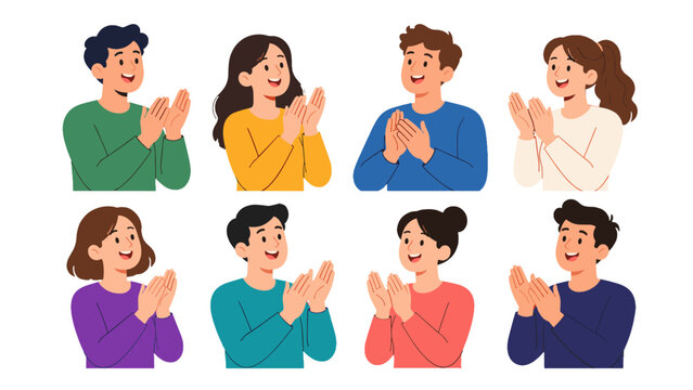Set of smiling people clapping in colorful flat vector style